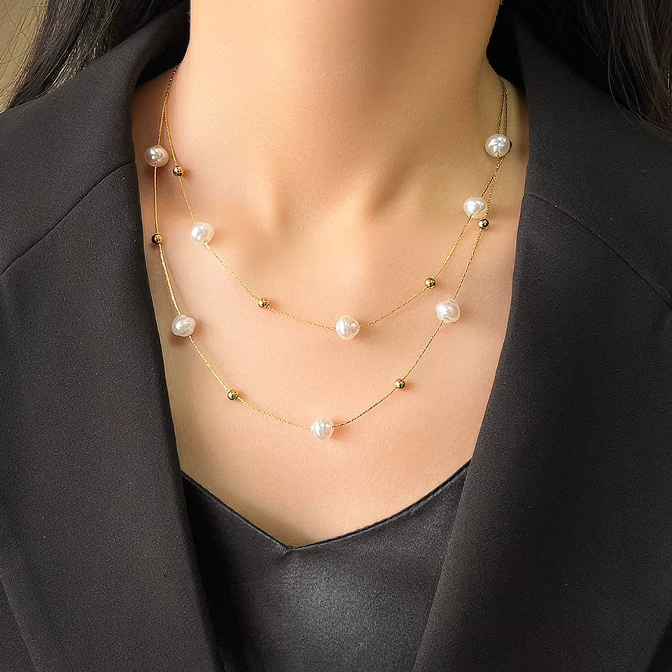 Velvet pearl choker necklace with double layers in stainless steel