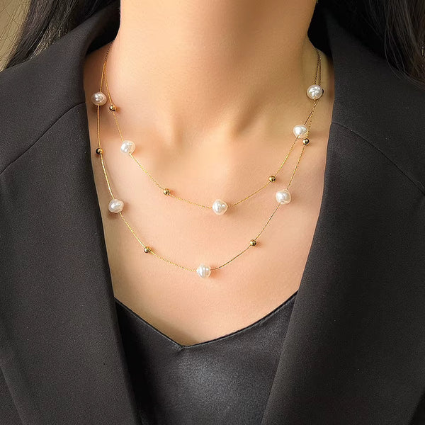 Velvet pearl choker necklace with double layers in stainless steel