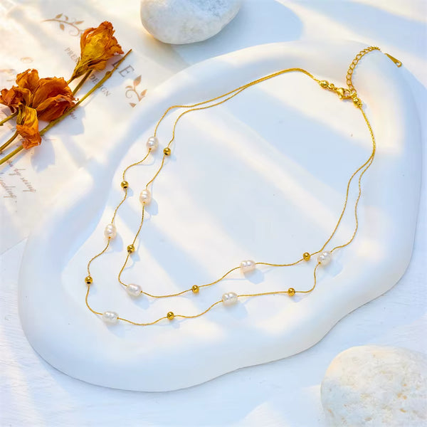 Velvet Pearl Choker necklace with double layer 316L stainless steel chains and pearl pendant