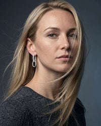 Silver plated cascade link drop earrings with cubic zirconia pavé huggie and polished oval link