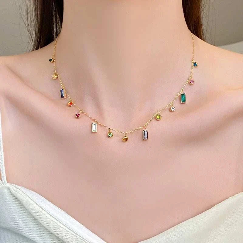 Colorful zircon geometric collar necklace with multi-colored rhinestones
