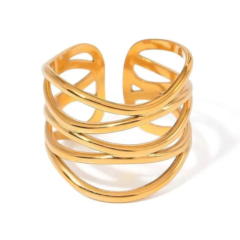 gold stainless steel curved line open adjustable ring