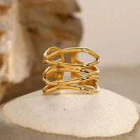 Gold curved line open adjustable stainless steel ring