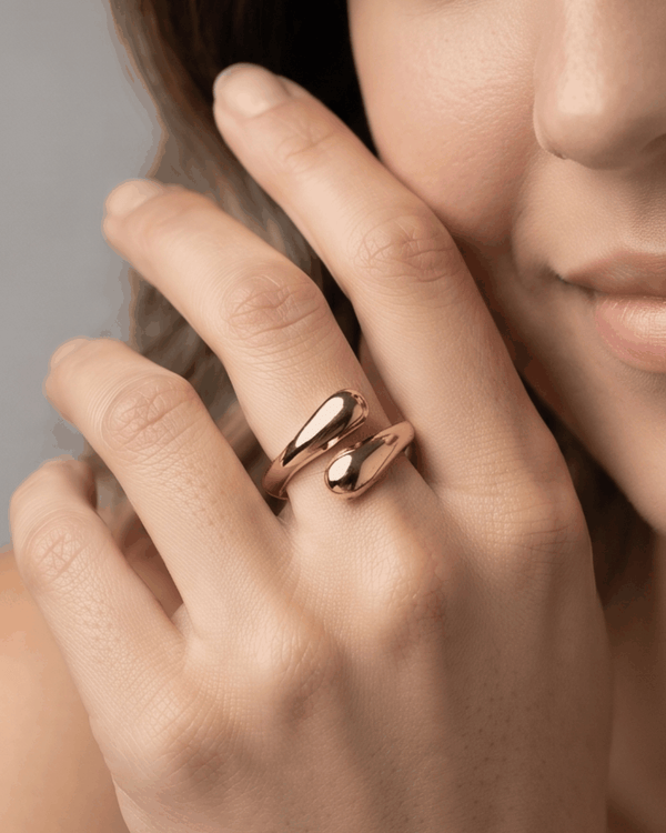 18k gold plated double teardrop bypass ring with adjustable open band