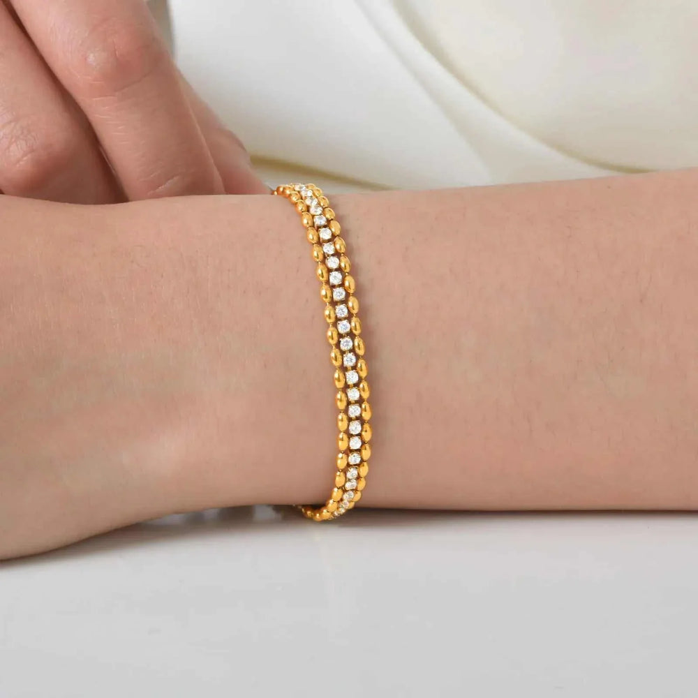Duet Glow double row gold stainless steel tennis bracelet with white cubic zirconia