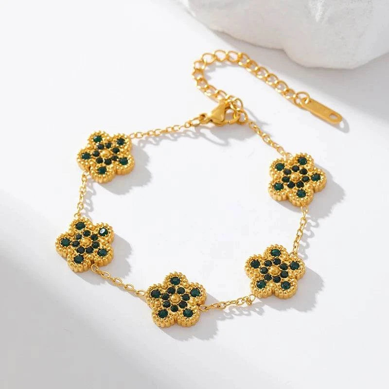 Delicate flower clover pave zircon bracelet with gold chain