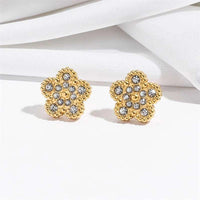 Gold flower clover stud earrings with micro pave zircon stones