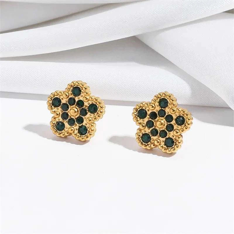 Gold flower clover pave zircon stud earrings sparkling