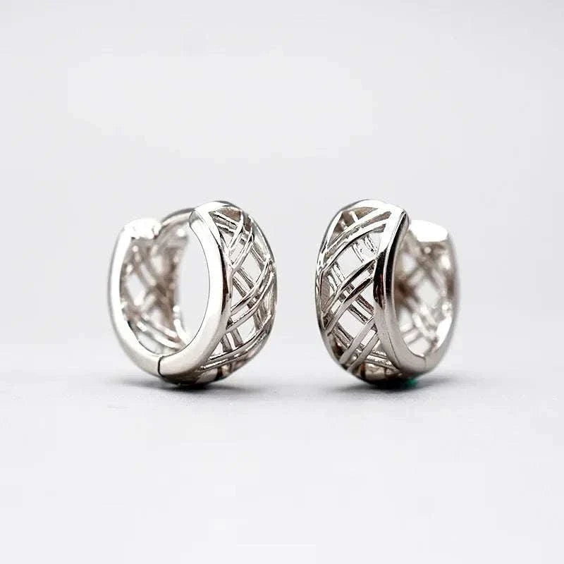 Chunky geometric lattice huggie earrings in 925 sterling silver