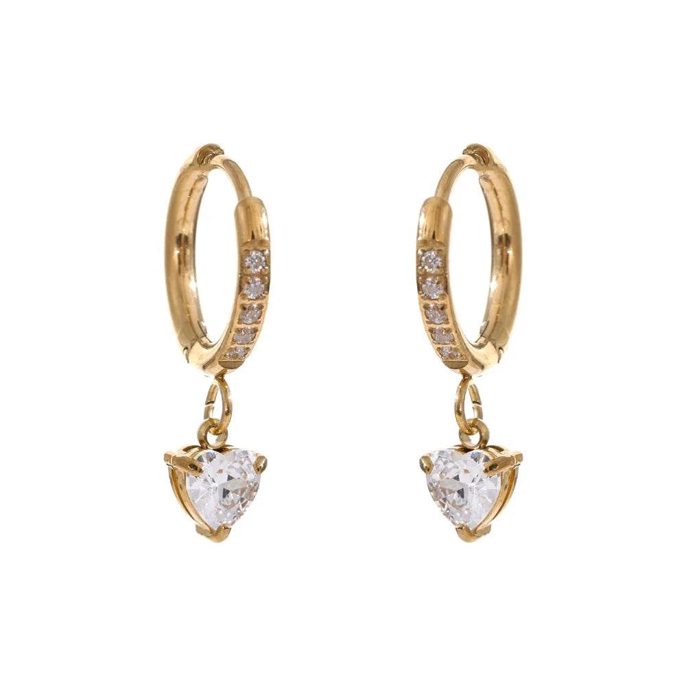 Gold plated heart drop huggie earrings with zircon stones