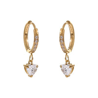 Gold plated heart drop huggie earrings with zircon stones