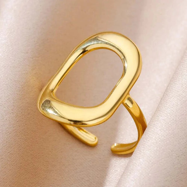 18k gold plated hollow oval frame open ring with adjustable band