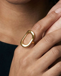 18K gold plated hollow oval frame open ring with polished finish