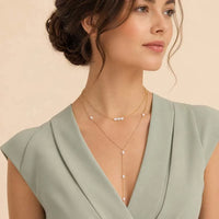 Exquisite imitation pearl double layered gold color Y-shaped necklace