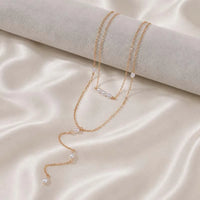 gold color imitation pearl double layered y-shaped necklace for women