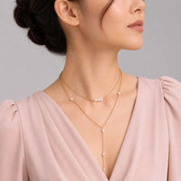 Gold color imitation pearl double layered Y-shaped necklace for women
