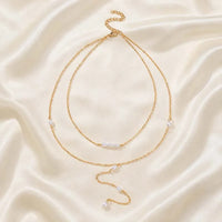 Gold imitation pearl double layered Y-shaped necklace for women fashion