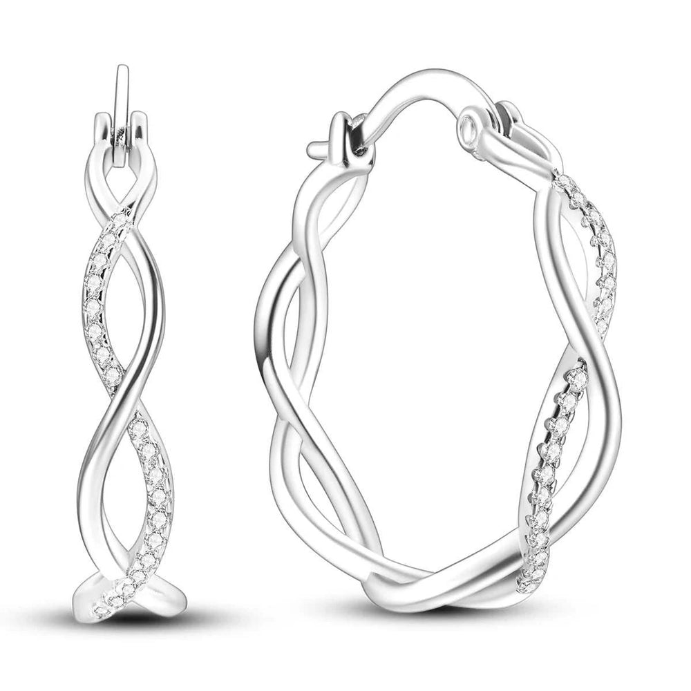 Silver plated infinity twist hoop earrings with cubic zirconia sparkle