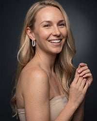 Silver plated lustre oval huggie earrings with double pavé cubic zirconia rows