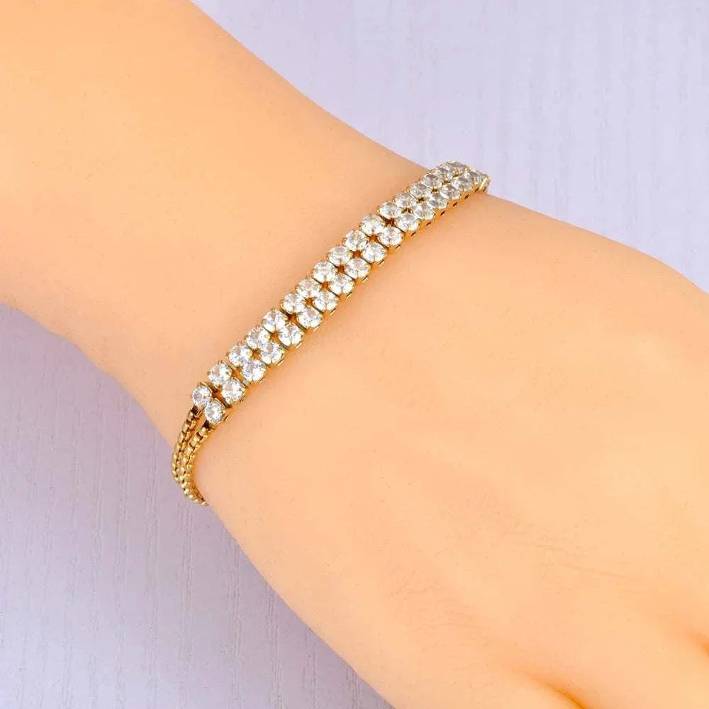 Double layer luxe tennis bracelet with cubic zirconia on stainless steel snake chain