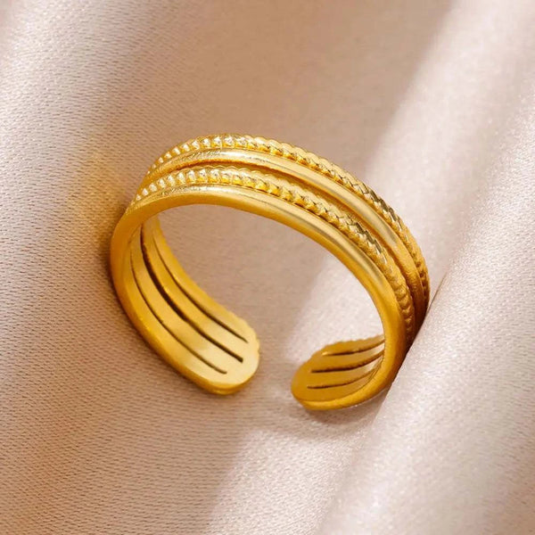 18k gold plated multi-layer beaded wide open band ring with matte finish