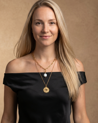 Gold plated stainless steel North Star coin pendant layered on chunky paperclip chain necklace
