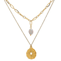 Gold stainless steel North Star coin pendant double layered paperclip chain necklace