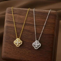 18k gold plated pave four leaf clover pendant necklace with cubic zirconia stones