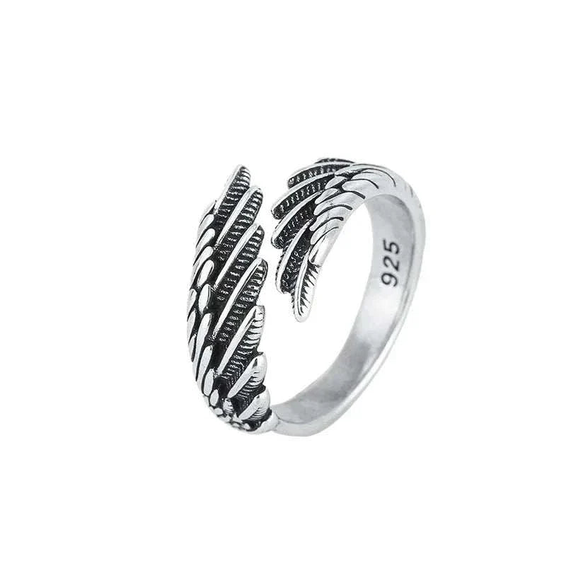 925 sterling silver plume ring with adjustable angel wing feather design