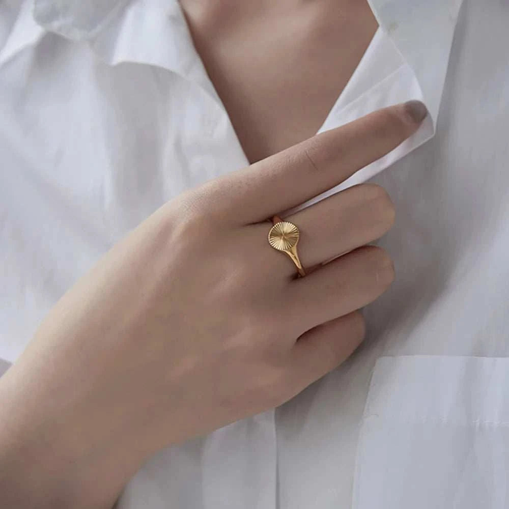 Ripple Dome Ring 18K Gold Plated with carved wave texture