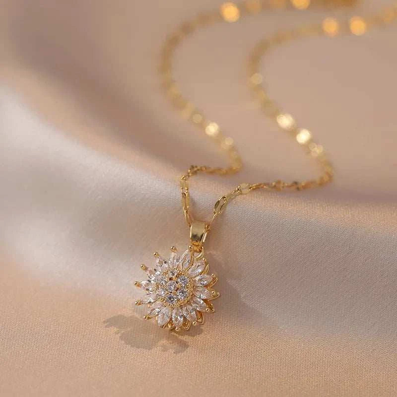 Spinning sunflower zircon pendant necklace with sparkling crystals