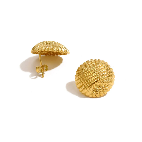 18K gold plated textured dome stud earrings with chunky round design and woven surface