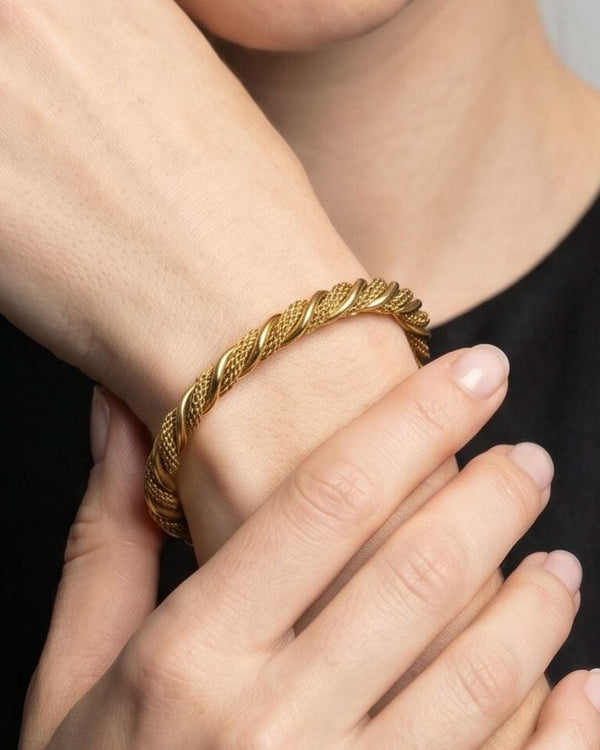 18k gold plated thick braided rope open cuff bangle