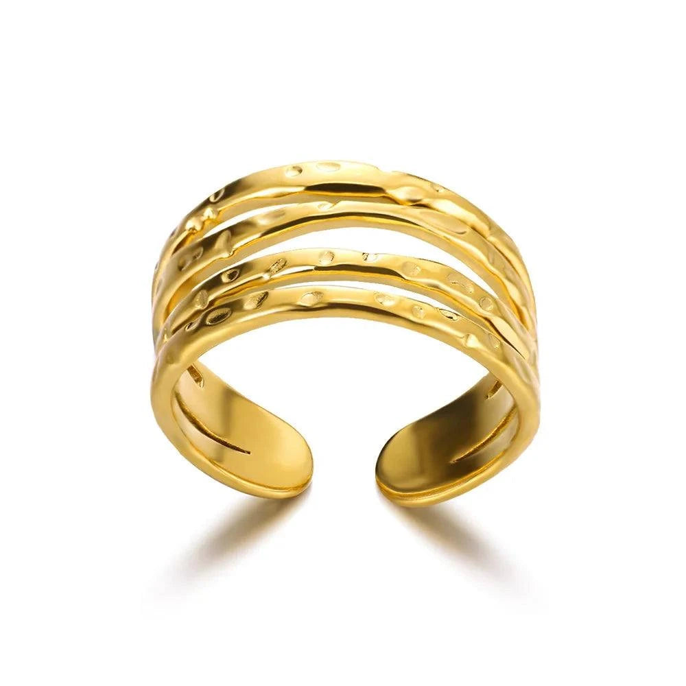 Triple layer hammered wide band ring 18k gold plated adjustable
