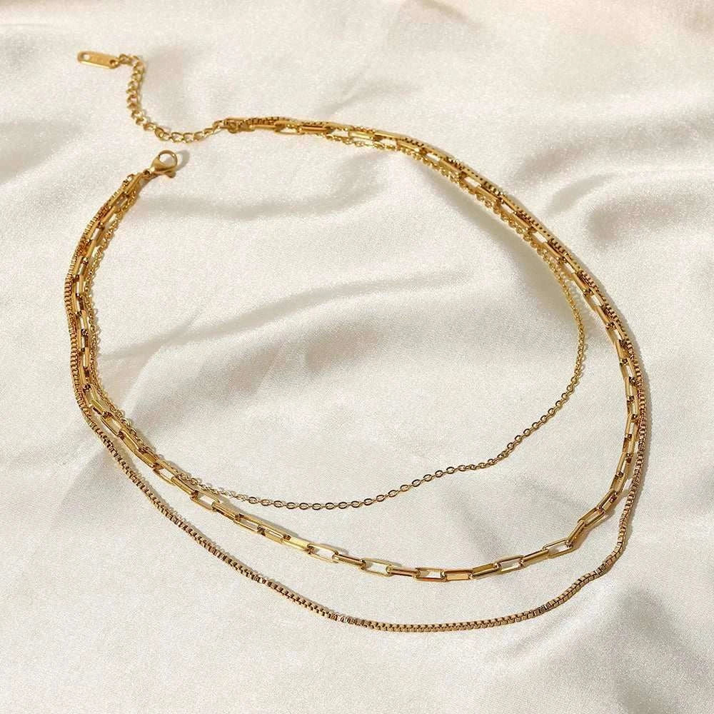 18k gold plated triple layer paperclip and box chain necklace