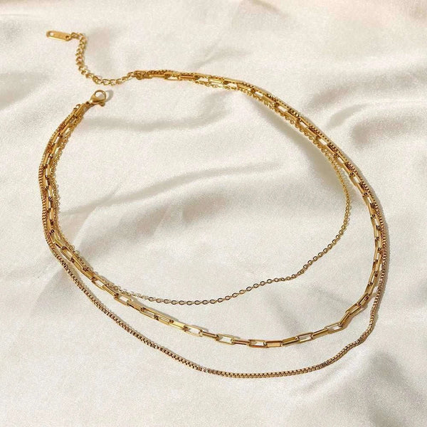 18k gold plated triple layer paperclip and box chain necklace
