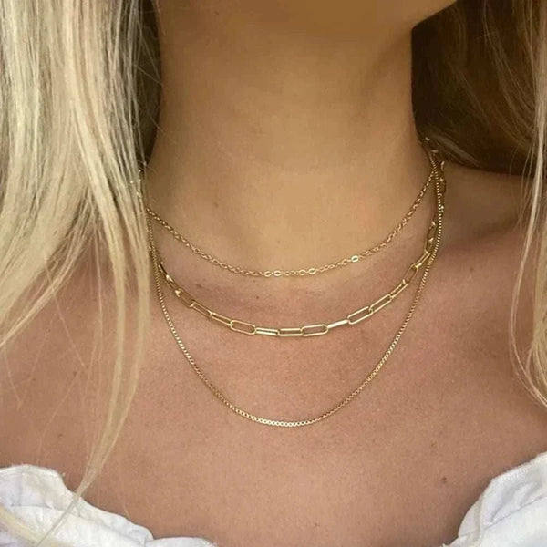 Triple layer 18k gold plated paperclip and box chain necklace