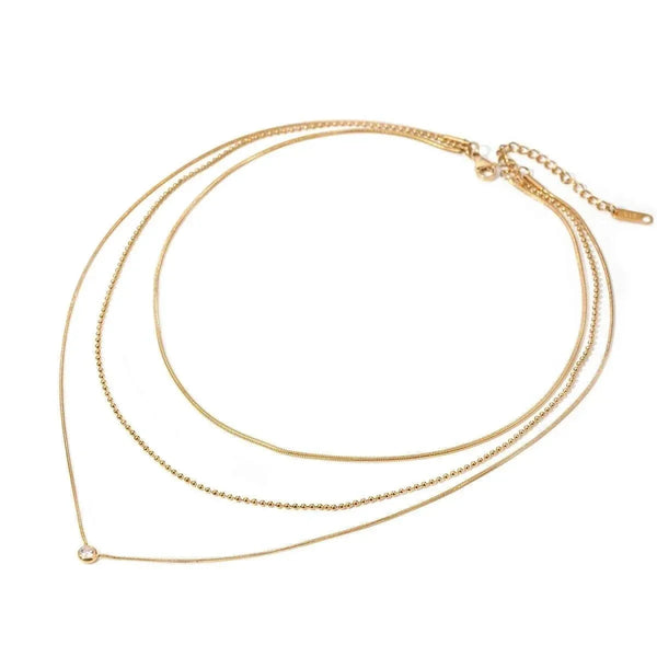 Triple layer Y-shape necklace with zircon drop in 18K gold plating