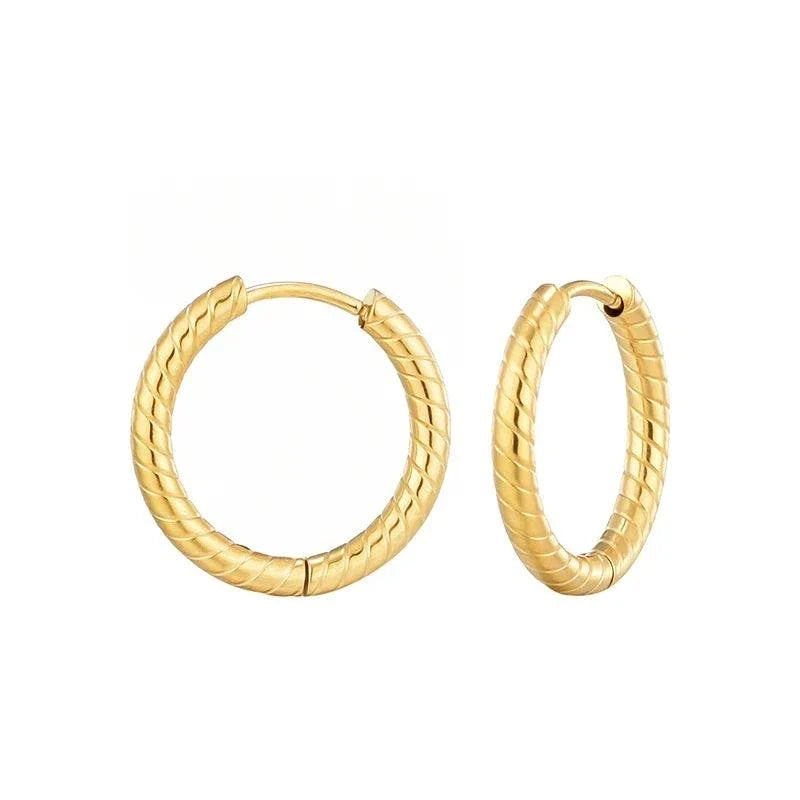 Twisted texture huggie hoop earrings in gold and silver stainless steel
