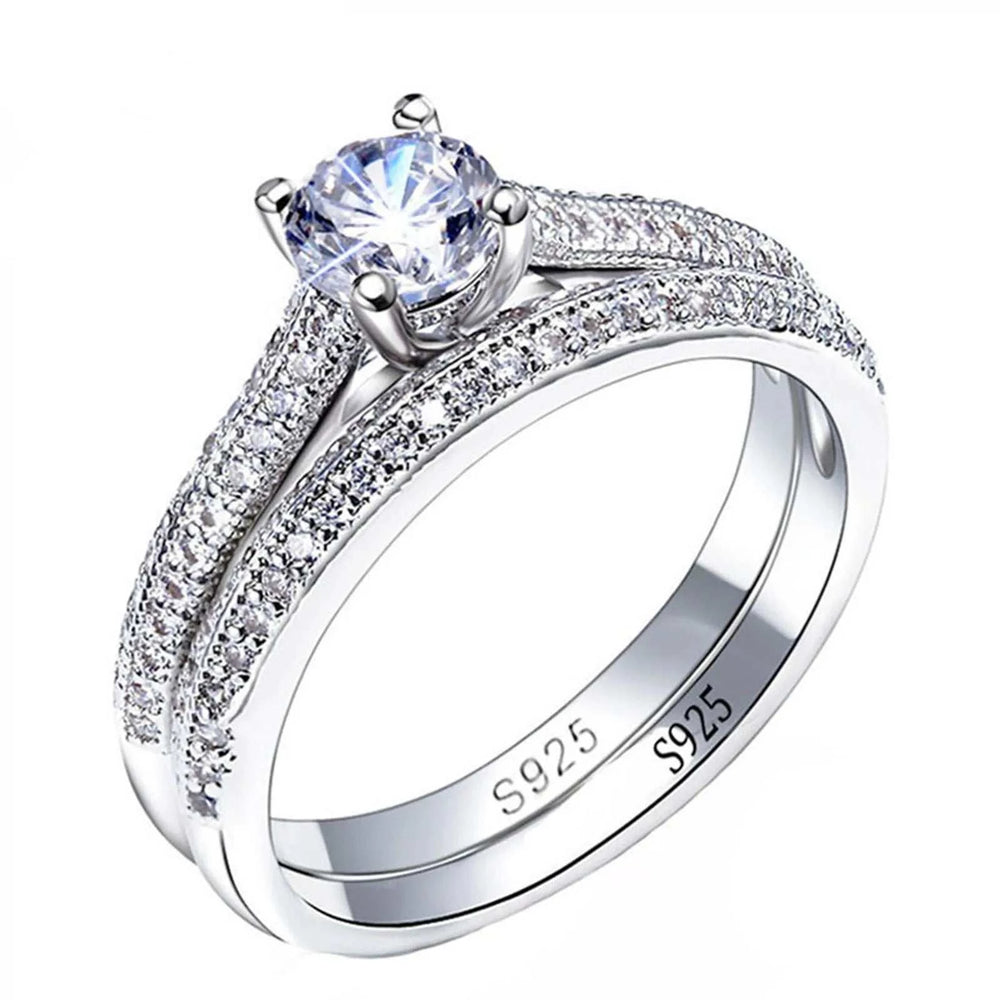 Vintage halo design zircon engagement and wedding ring set in 925 sterling silver