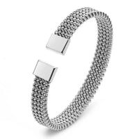 Stainless steel woven mesh open cuff bracelet in silver