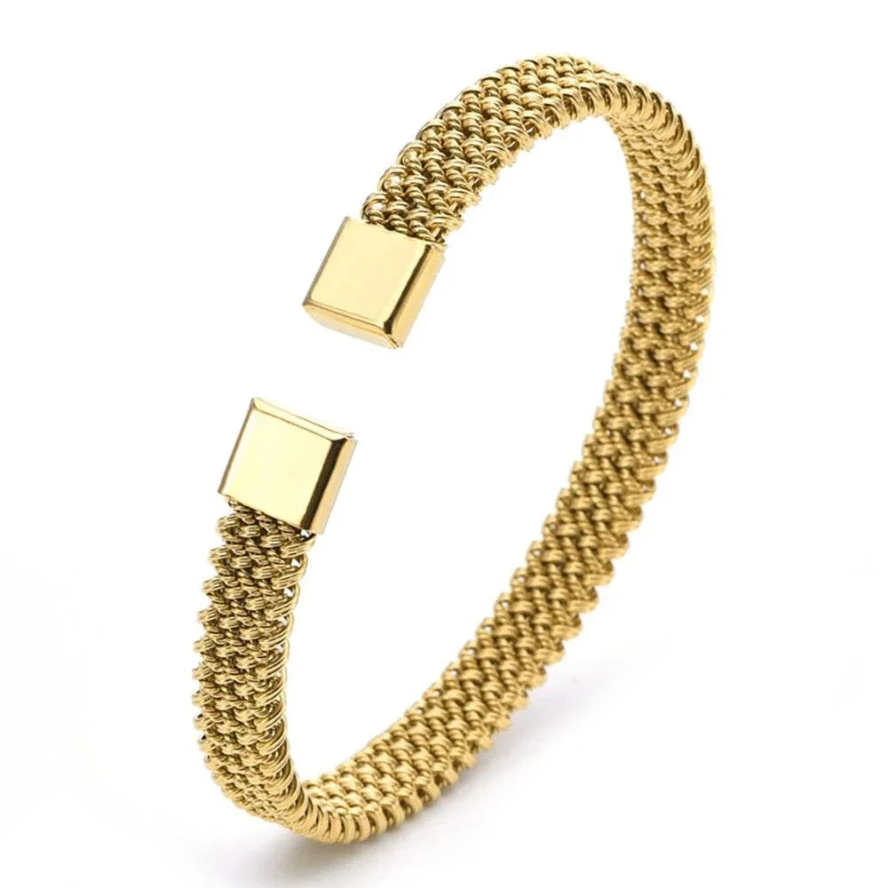 Woven mesh open cuff bracelet in stainless steel with textured design