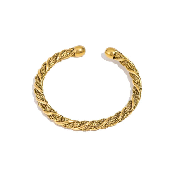18k gold plated woven wheat braid open cuff bangle