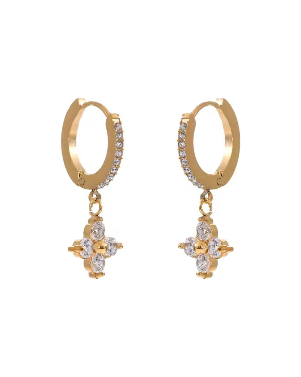 Gold zircon cross flower drop huggie earrings on stainless steel hoops