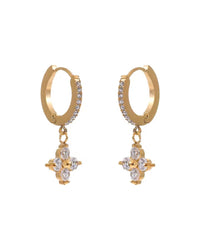 Gold zircon cross flower drop huggie earrings on stainless steel hoops