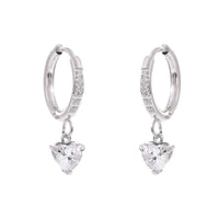 Gold and silver zircon heart drop huggie earrings on stainless steel hoop